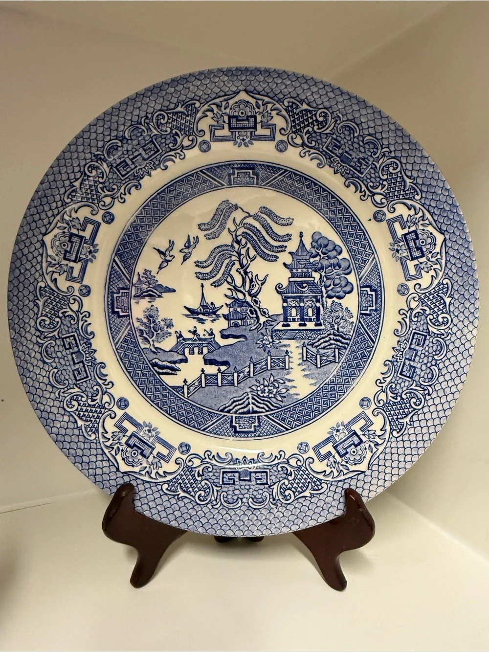 Three Vintage Blue and White Dinner Plate Blue Willow Pattern by England 10in